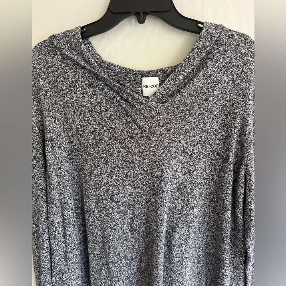 NIC+ZOE The Vital Hoodie Black Mix Stretch Knit V-Neck Pullover Sweater Comfy XL - Picture 10 of 13